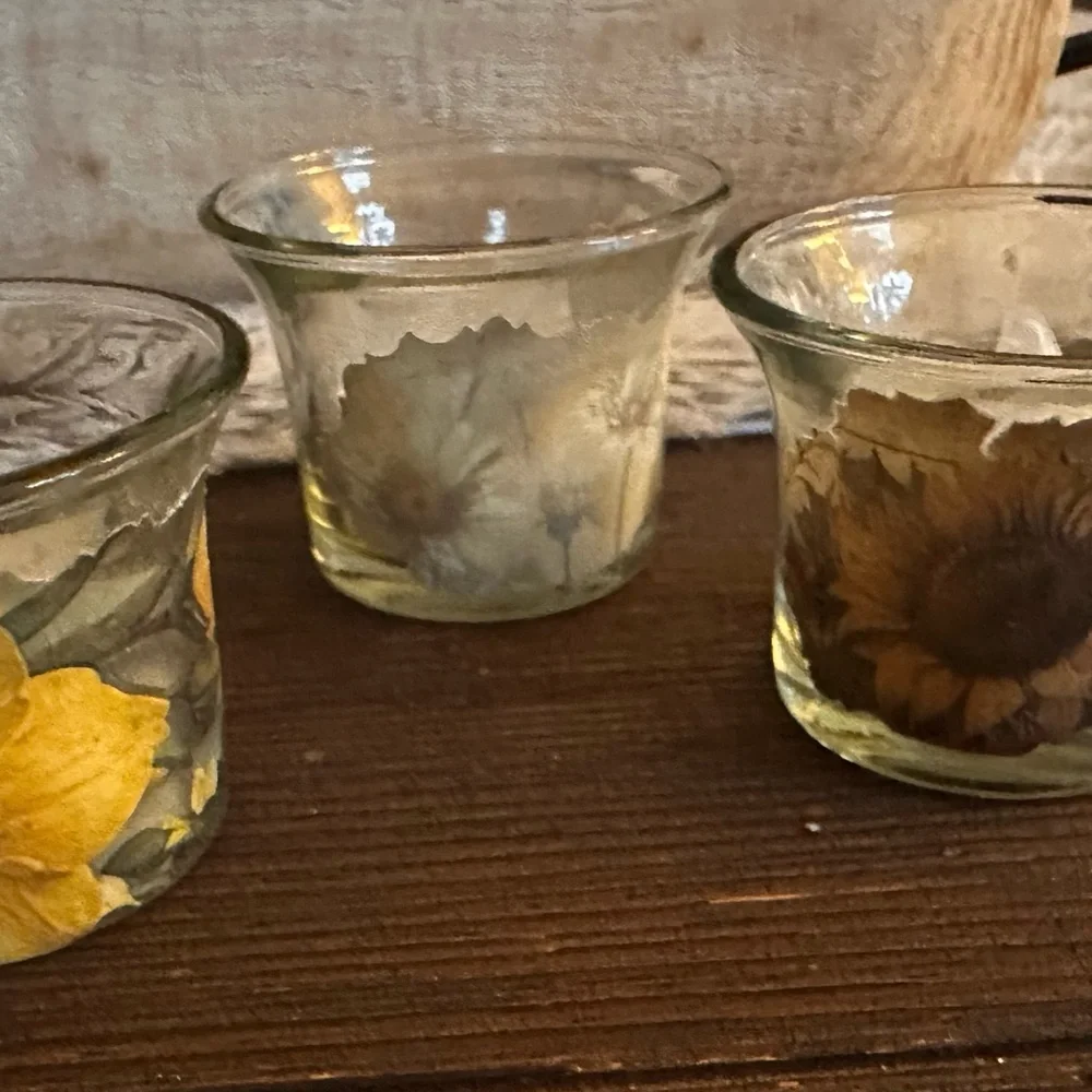 Hand Crafted Yellow and Cream Floral Glass Candle Holders